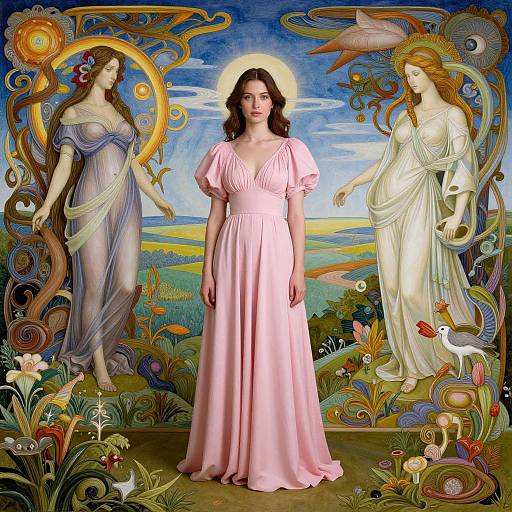 Digital art of a young woman in a pink dress, flanked by two ethereal, angelic figures in flowing robes, surrounded by vibrant, orn