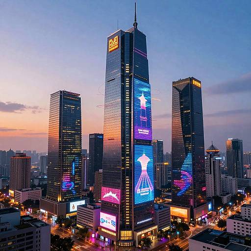 Photograph of a vibrant cityscape at dusk, featuring illuminated skyscrapers with neon lights, including a central tower with a glowing 