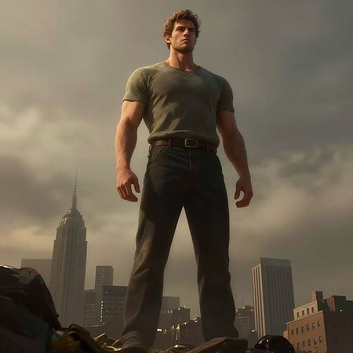 Photorealistic CGI of a muscular, curly-haired man in a gray t-shirt and black pants, towering over a cityscape with cloudy skies and skys