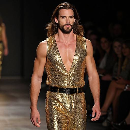 Photograph of a muscular, bearded man with long brown hair, wearing a deep V-neck, gold sequin suit with black belt, striding