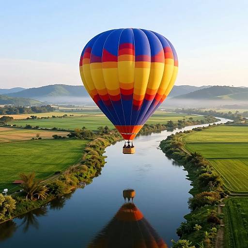 Photograph of a vibrant blue, yellow, and red hot air balloon floating over a calm river, reflecting in the water, with rolling green hills and