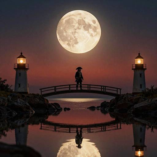 Silhouetted person with umbrella on bridge between two lit lighthouses, reflecting full moon in calm water, twilight sky. Digital art.