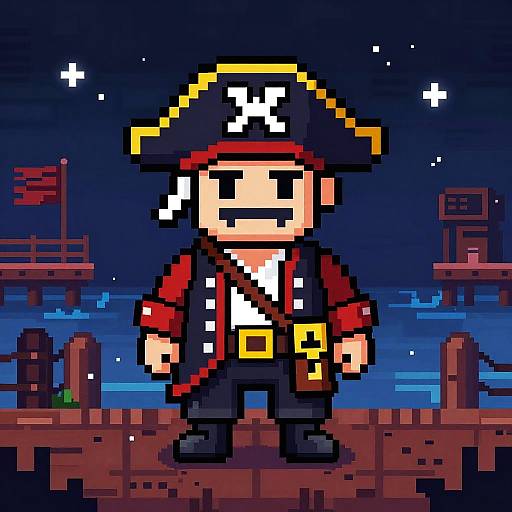 Pixel art of a smiling pirate with a black and red hat, white skull emblem, red coat, black pants, and yellow belt, standing on a