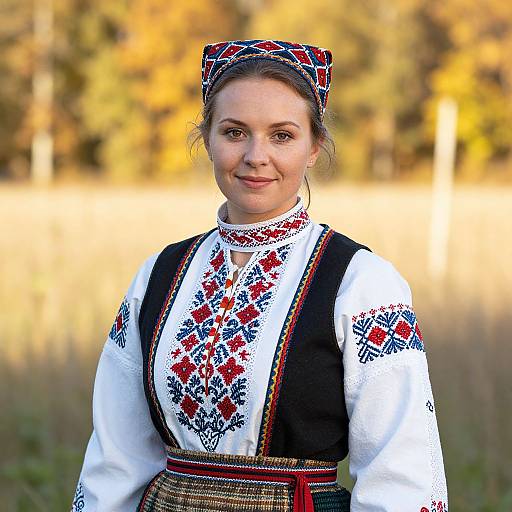 Photograph of a smiling woman in traditional Eastern European folk attire, with intricate red, black, and white embroidery, standing in a sunlit autumn field