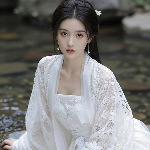 Photograph of an East Asian woman with pale skin, dark hair in an updo, wearing a white lace kimono, sitting by a shallow,