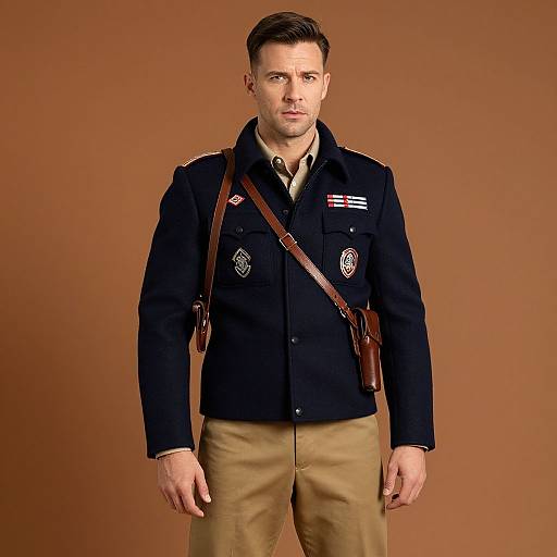 Photograph of a serious, light-skinned man with short brown hair, wearing a dark navy military-style jacket, tan pants, and brown leather strap