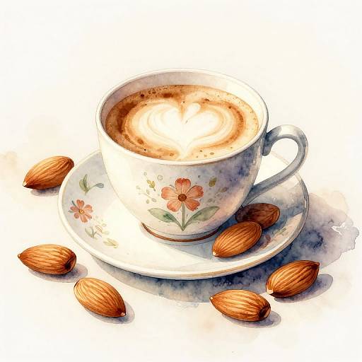 Watercolor illustration of a floral teacup filled with frothy coffee, sitting on a saucer with five scattered almonds.