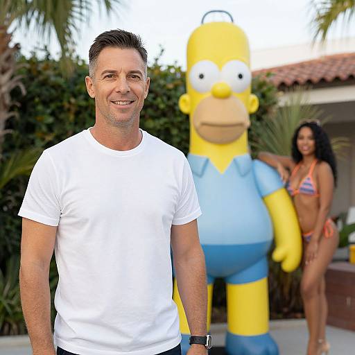 Photograph of a smiling middle-aged man in a white t-shirt standing in front of a large Simpsons character, with a woman in a red bikini in