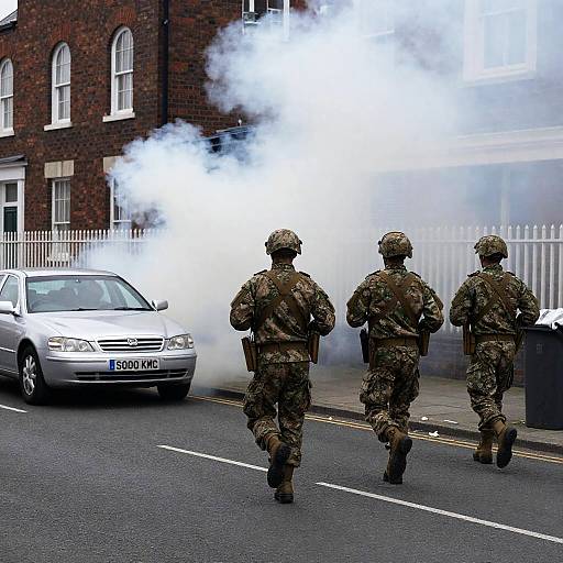 Soldiers Running Toward Smoke Cloud on Urban Street