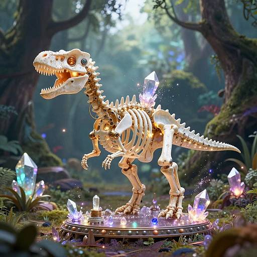 Photorealistic CGI of a glowing, skeletal dinosaur skeleton standing on a crystal pedestal in a mystical forest with radiant crystals.