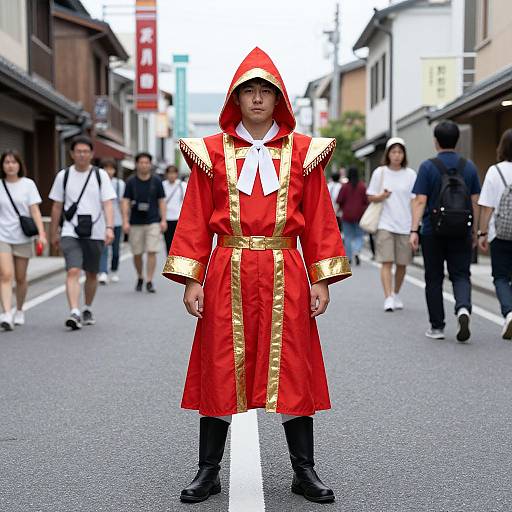 Photograph of an Asian man in a red and gold hooded medieval-style robe, standing on a busy urban street with pedestrians.