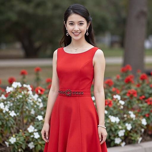 Photograph of a smiling Asian woman with long black hair, wearing a sleeveless red dress with a beaded waist, standing in a garden with red