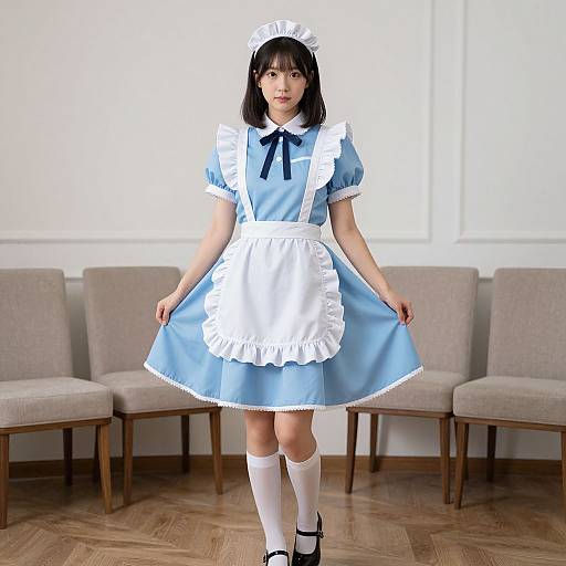 Photograph of an Asian woman in a blue and white French maid outfit, standing in a room with beige chairs and wooden floor.