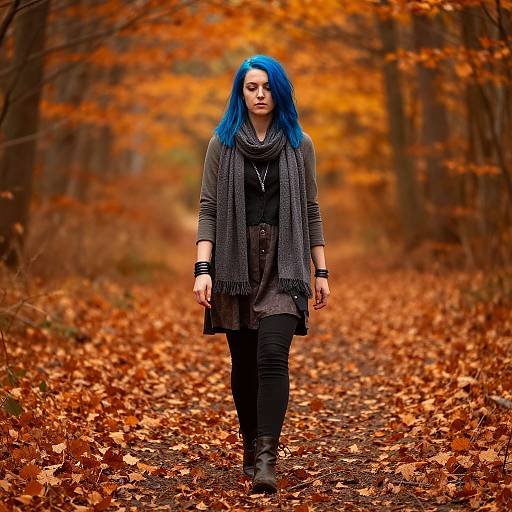Photograph of a woman with vibrant blue hair walking through an autumn forest path, surrounded by fallen orange leaves, wearing a gray scarf, black top,