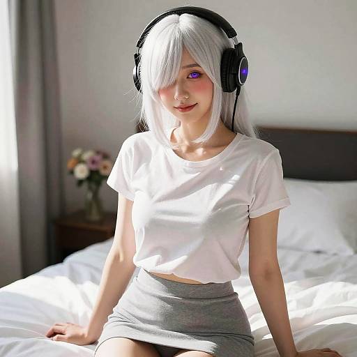 Young Woman with White Hair and Headphones in Bedroom