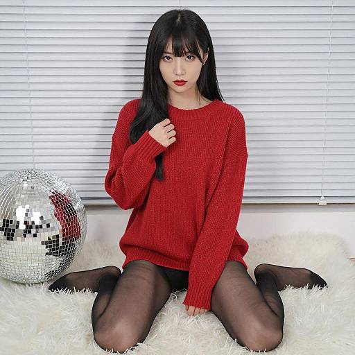 Asian Woman in Red Sweater Squatting
