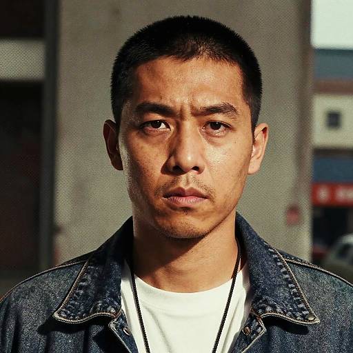 Photograph of a serious-looking young Asian man with short black hair, wearing a denim jacket over a white t-shirt, against a blurred urban background.