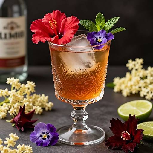 Photograph of a glass cocktail with amber liquid, garnished with red hibiscus, purple flowers, lime, and yellow blossoms, on