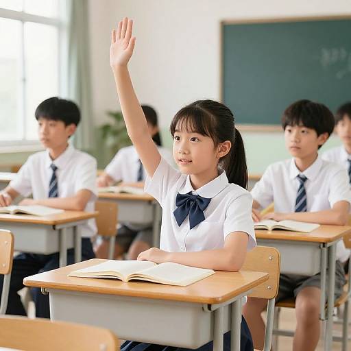 Photograph of an Asian classroom with a young girl raising her hand, wearing a white shirt, blue bow tie, and black skirt, surrounded by seated