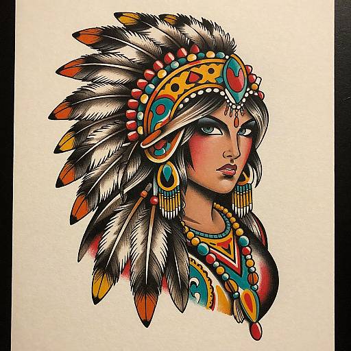 Colorful digital illustration of a Native American woman with dark skin, wearing a vibrant feathered headdress, ornate jewelry, and traditional attire. Detailed