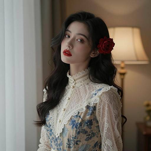 Elegant Woman in Lace Dress with Flower