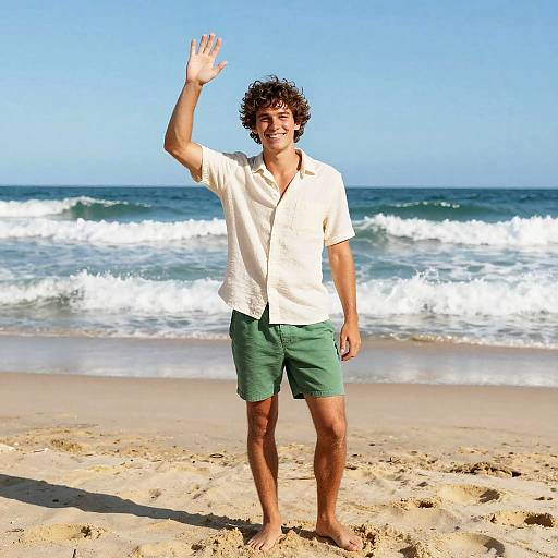 Photograph of a smiling young man with curly brown hair, waving at the camera on a sunny beach, wearing a white shirt and green shorts, with
