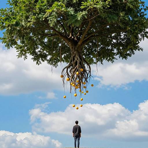 Solitary Figure Beneath Surreal Upside-Down Tree
