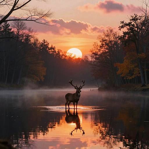 Photograph of a majestic deer with large antlers standing in a misty, reflective lake at sunset, surrounded by autumn trees.