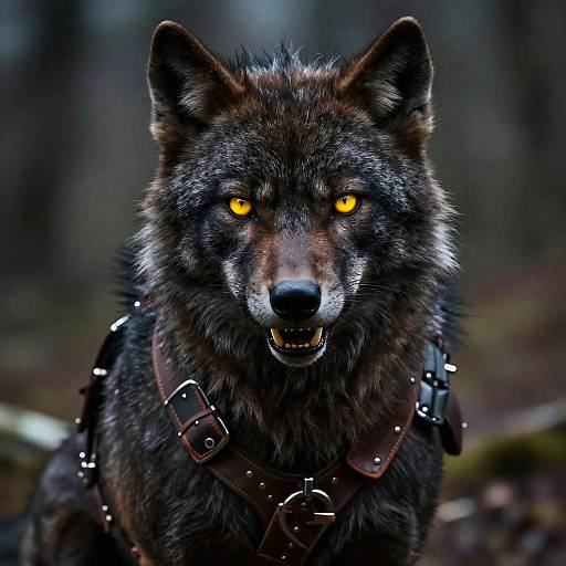 Photograph of a fierce, dark-furred wolf with glowing yellow eyes, wearing a leather harness, standing in a blurred forest background.