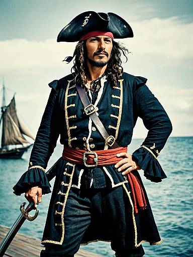 Man in Peg-Leg Pirate Costume with Sword