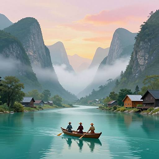 Photograph of three people in a wooden boat on a turquoise lake, surrounded by misty mountains, wooden houses, and a pastel sunset sky.