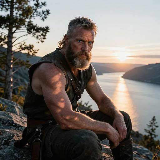 Photograph of a rugged, bearded man with gray hair, wearing a sleeveless dark shirt, sitting on a rocky cliff at sunset, overlooking a