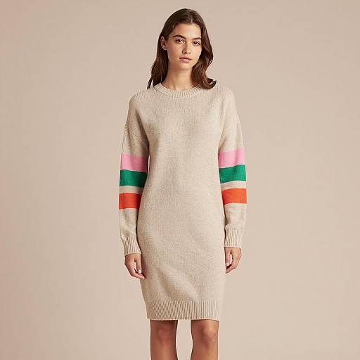 Woman in Beige Sweater Dress with Colorful Sleeves