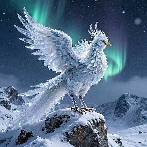 Digital artwork of a radiant, white, winged bird with sharp beak standing on a snow-covered rock, against a backdrop of aurora-lit