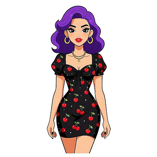 Digital illustration of a curvy woman with purple hair, wearing a black cherry-patterned dress, gold hoop earrings, and necklace, standing against a white