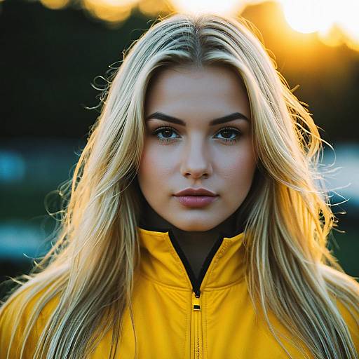 Blonde Woman in Yellow Jacket at Sunset
