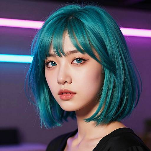 Neon Portrait of Teal-Haired Woman