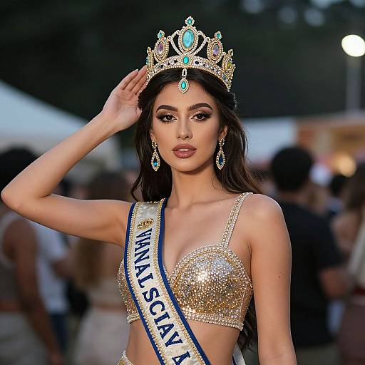 Photograph of a beautiful, dark-haired woman in a sparkling gold crop top and tiara, saluting; 