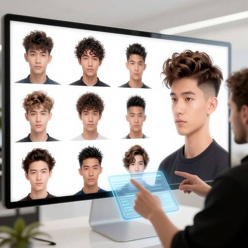 Photograph of a young man with styled brown hair, pointing at a digital screen displaying twelve identical male headshots in black and white.
