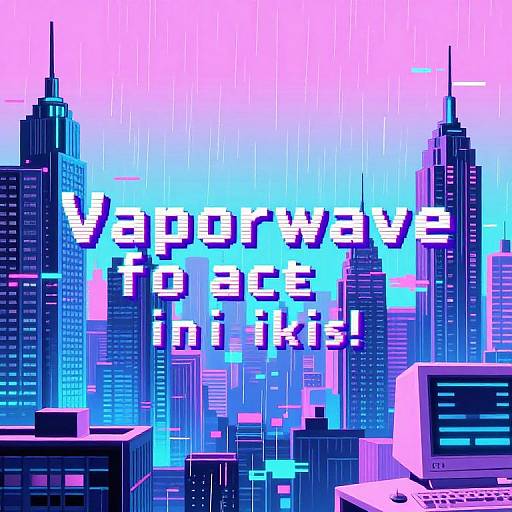 Digital art of a neon-lit, rain-soaked cityscape with towering skyscrapers, featuring bold, pixelated text 