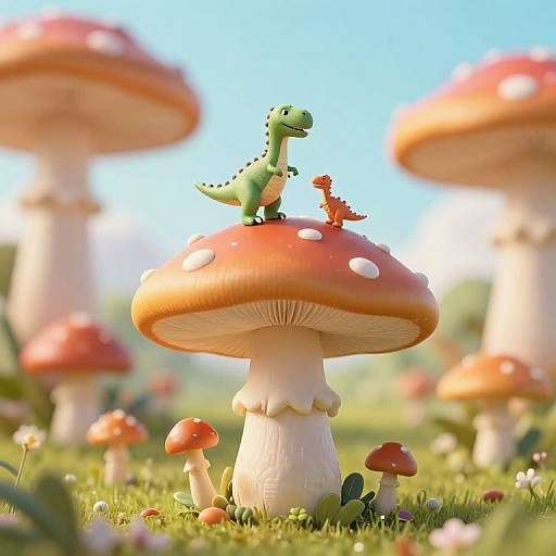 CGI image of two cute, cartoon-style dinosaurs standing on a red-capped, white-spotted mushroom in a sunny, lush forest with blurred mushrooms