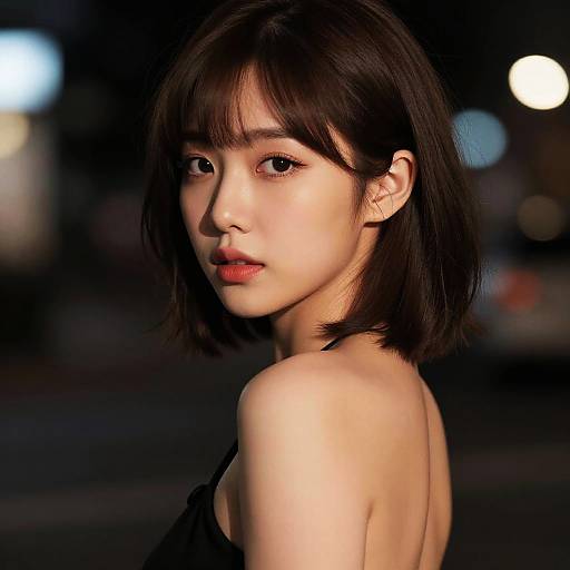 Photograph of an East Asian woman with short black hair, fair skin, and red lips, looking over her shoulder in a dark, bokeh-l