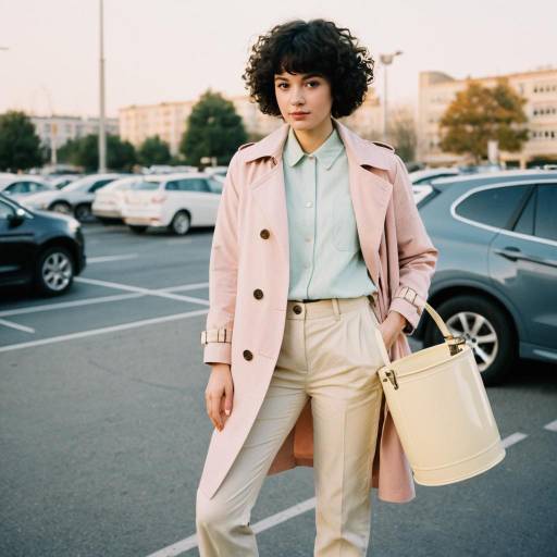 Young Woman in Pink Trench Coat with Bucket Bag