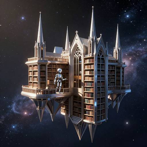 Digital art of a floating, Gothic-style library with four spires, illuminated by stars, and a robot standing on its edge.