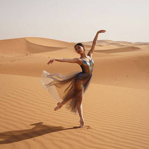 Elegant ballerina in flowing, sheer, dark dress dances gracefully in sunlit, golden desert dunes, casting a shadow on the sand.