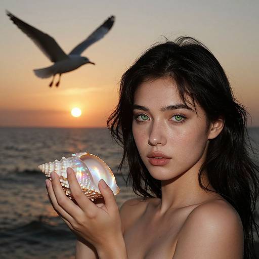 Photograph of a young woman with green eyes, holding a large, shiny seashell, against a sunset ocean backdrop with a flying seagull