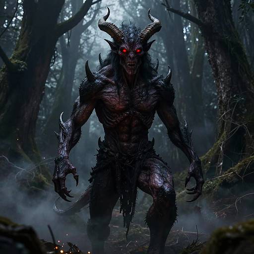 Digital artwork of a menacing, black, horned demon with glowing red eyes, muscular build, and sharp claws, standing in a dark, misty