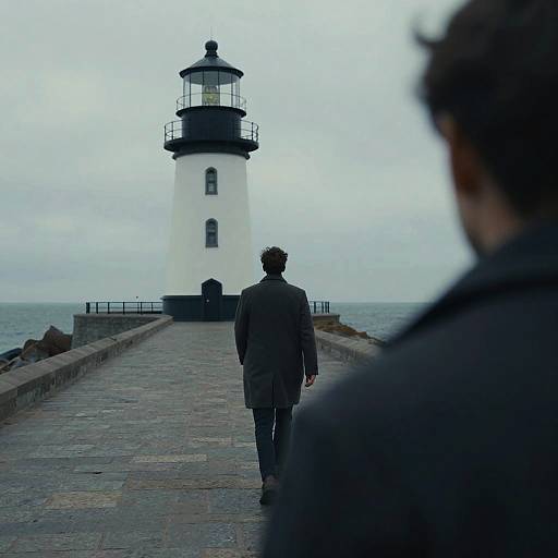 Photograph: Man in dark coat walks toward white lighthouse on stone pier, ocean background, overcast sky, blurred figure in foreground.