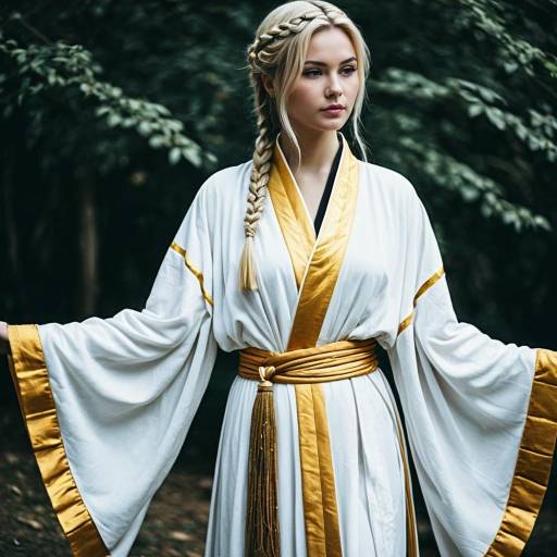 Woman in White and Gold Flowing Robe with Braided Hair
