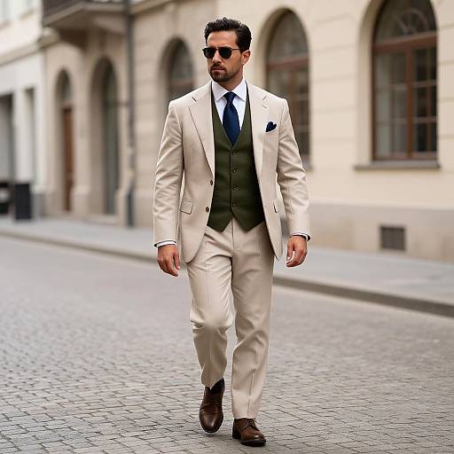 Photograph of a stylish, bearded man in a beige suit, green vest, black tie, and sunglasses, walking confidently on a cobblestone